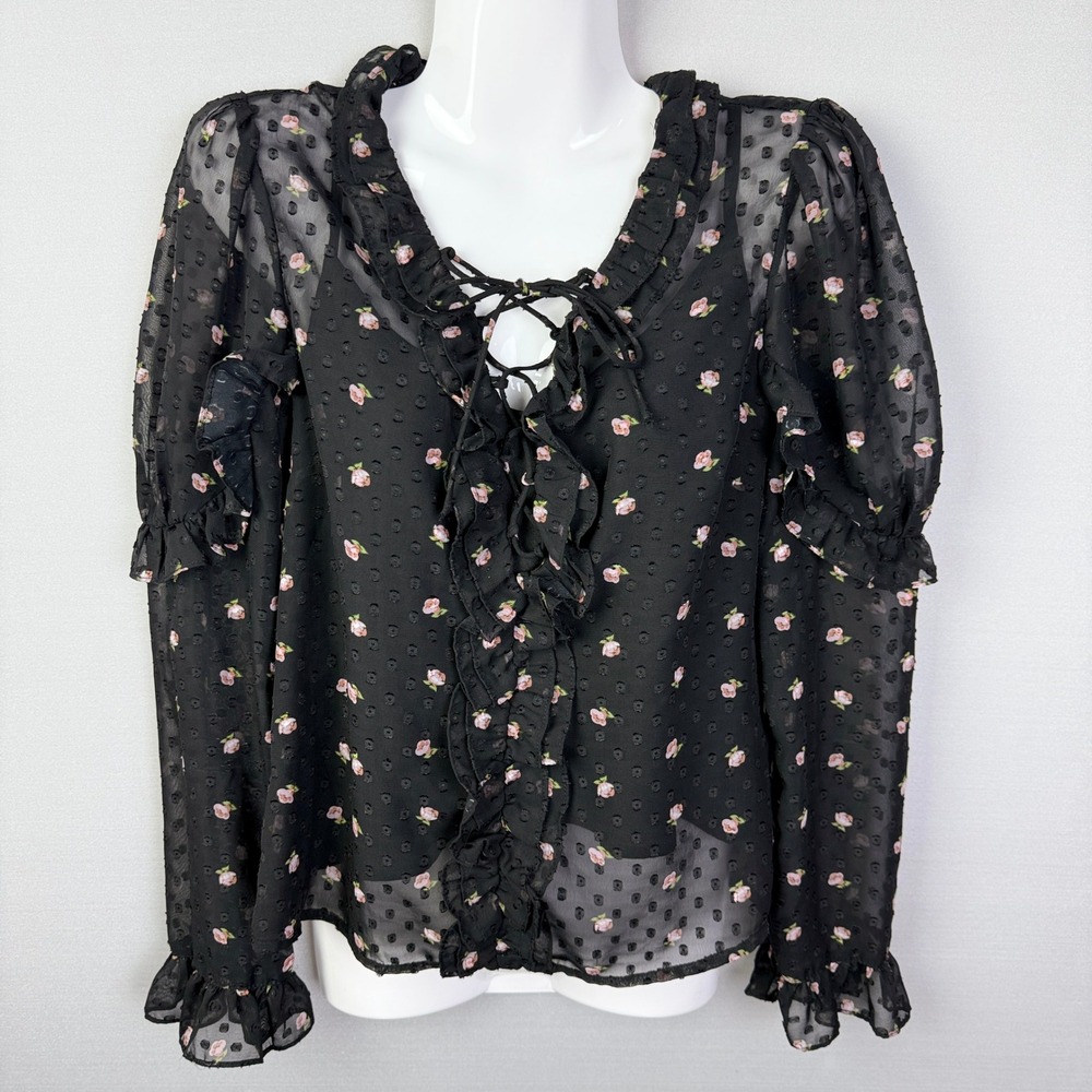 Sheer Floral Lace Up Ruffle Trim Blouse Black Pink Bohemian Top‎